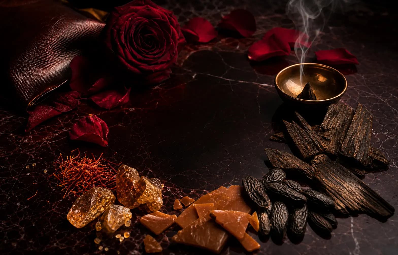 رز قرمز، زعفران، کهربا، تونکا و عود در یک چیدمان بویایی شبانه